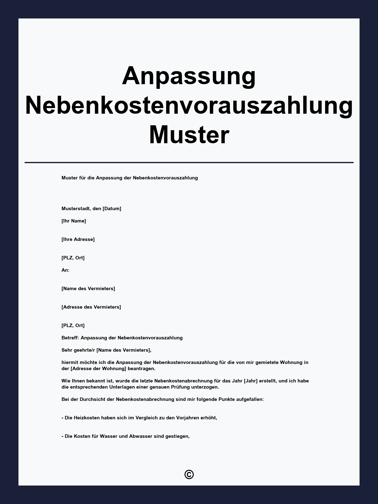Anpassung Nebenkostenvorauszahlung Muster