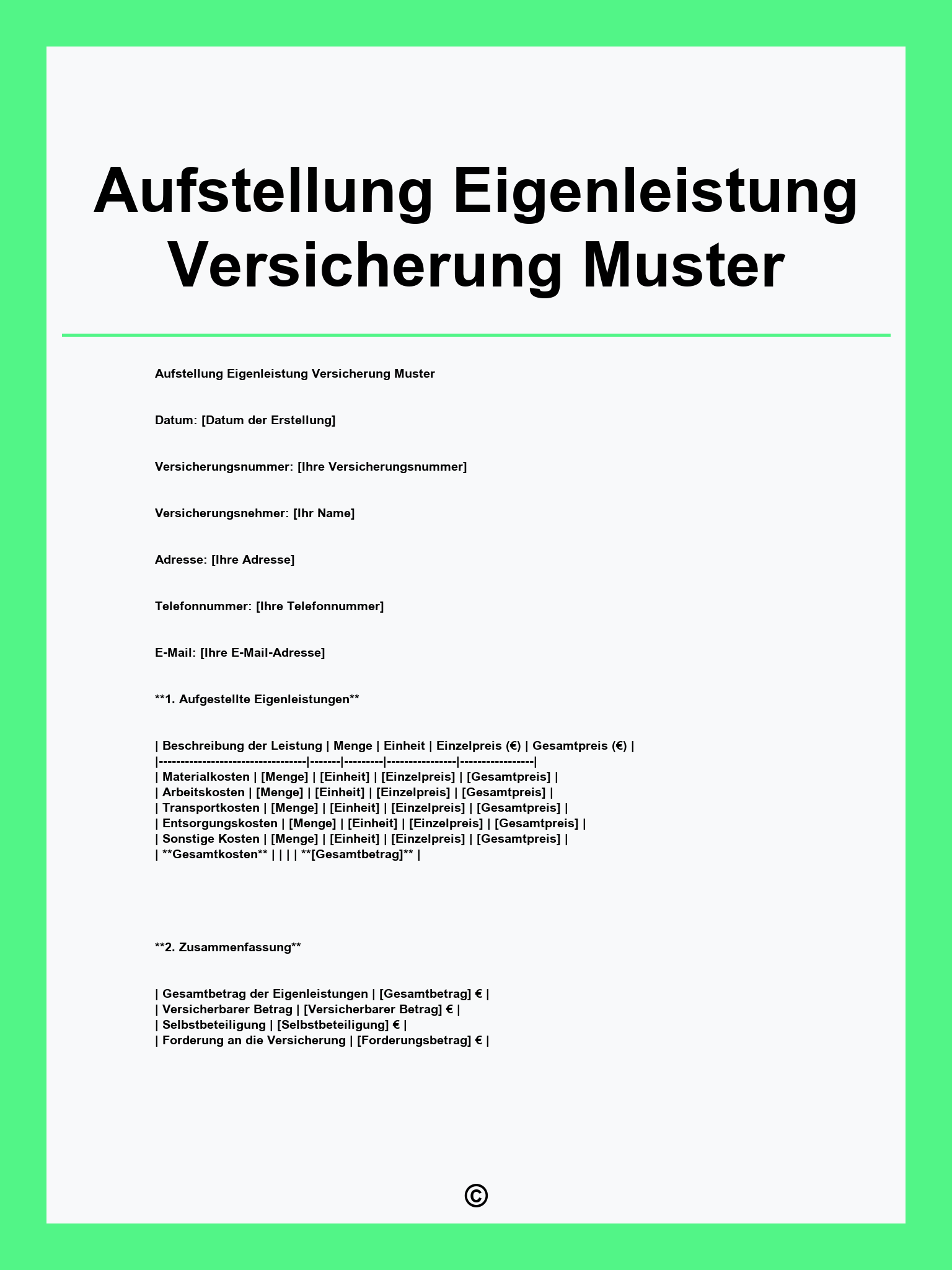 Aufstellung Eigenleistung Versicherung Muster