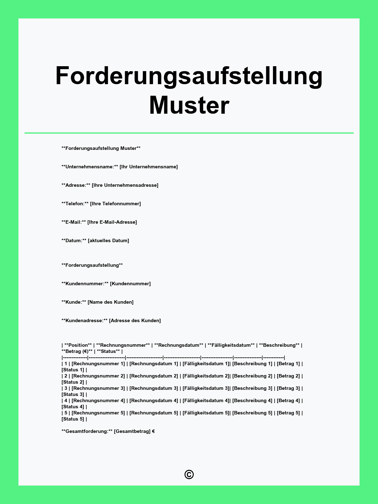 Forderungsaufstellung Muster