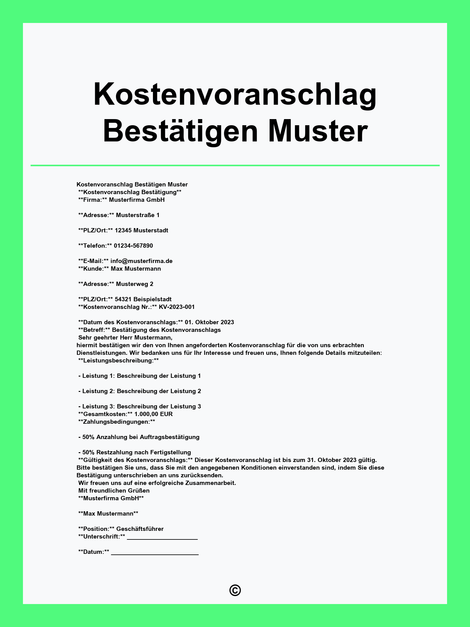 Kostenvoranschlag Bestätigen Muster