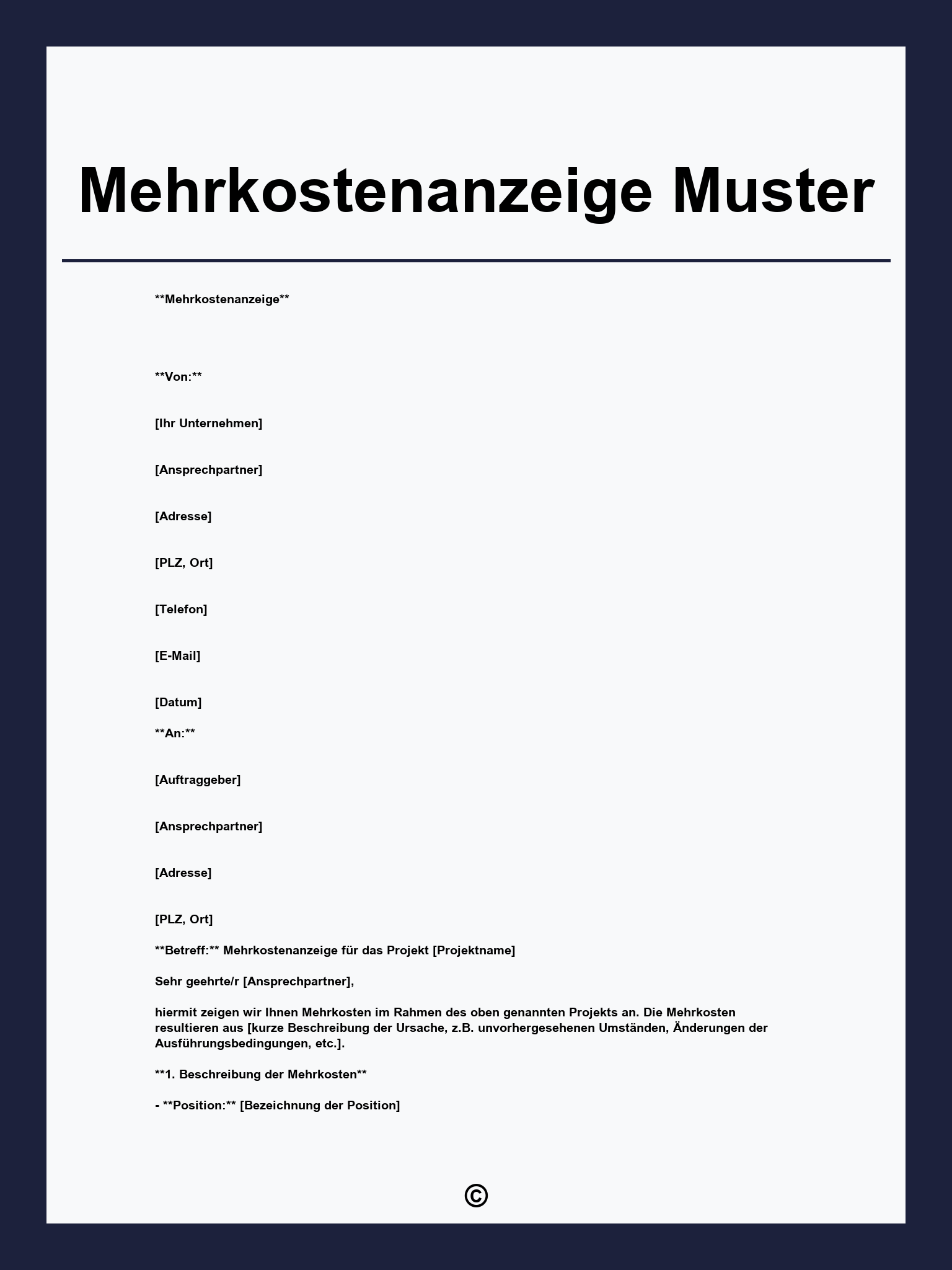 Mehrkostenanzeige Muster