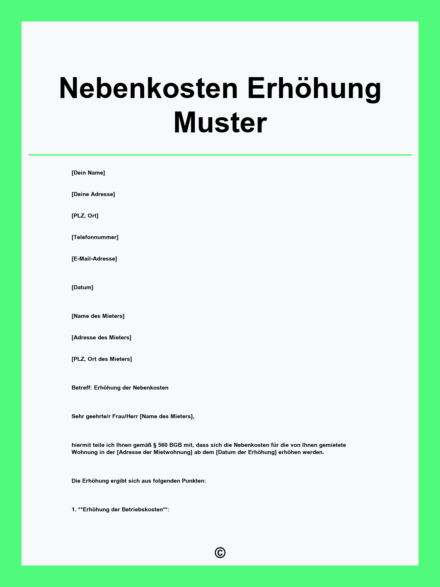Nebenkosten Erhöhung Muster