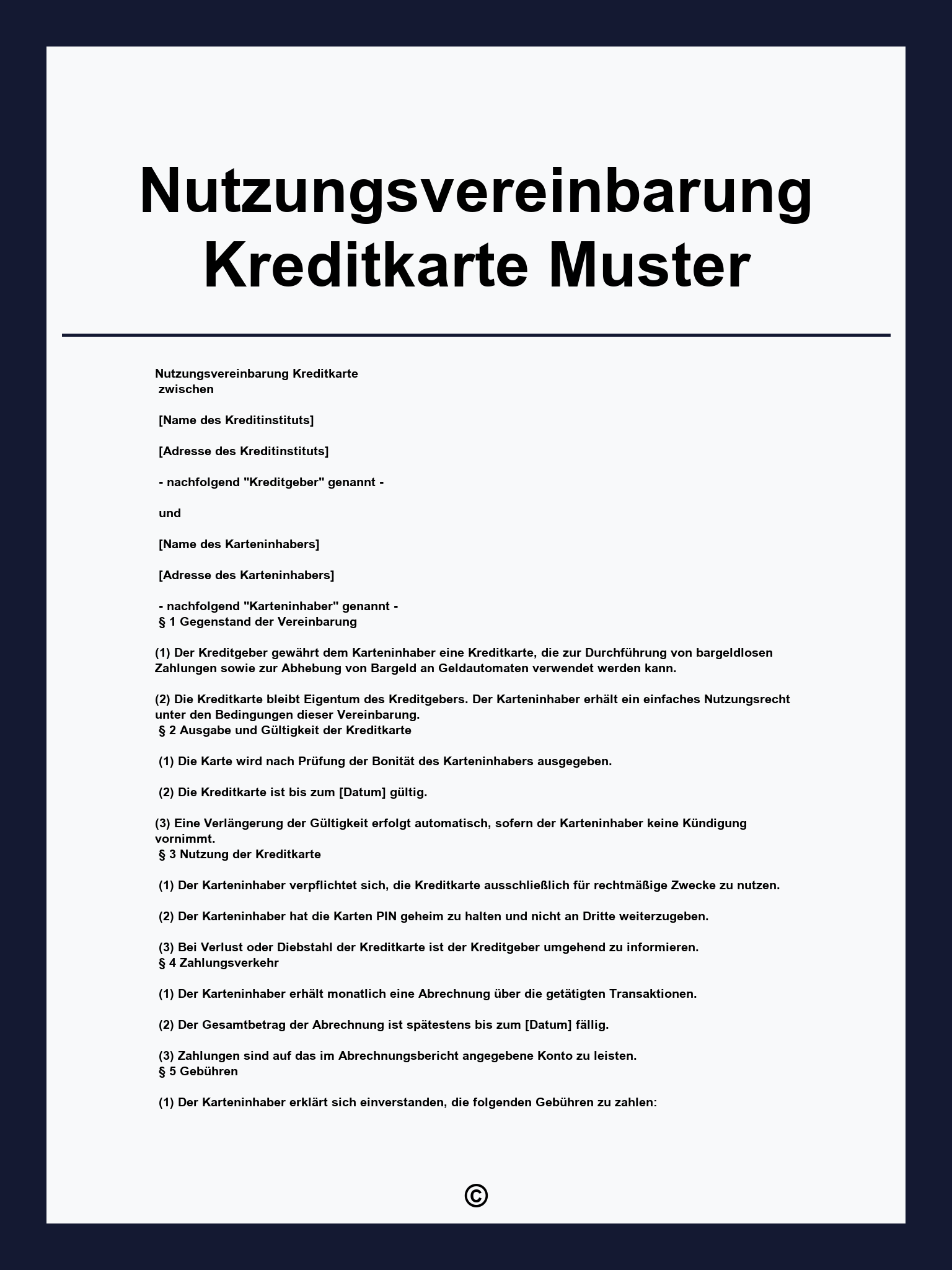 Nutzungsvereinbarung Kreditkarte Muster