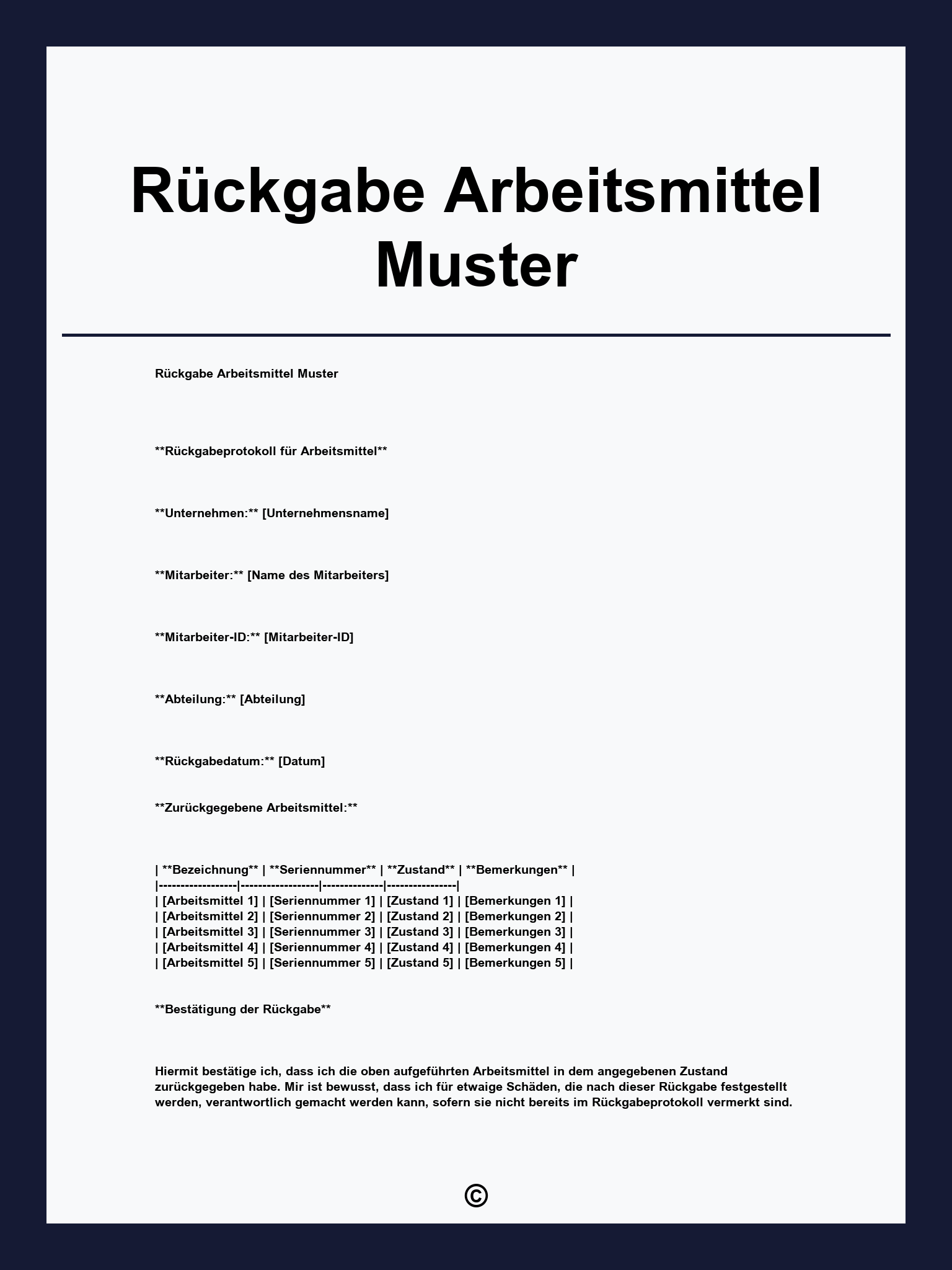 Rückgabe Arbeitsmittel Muster