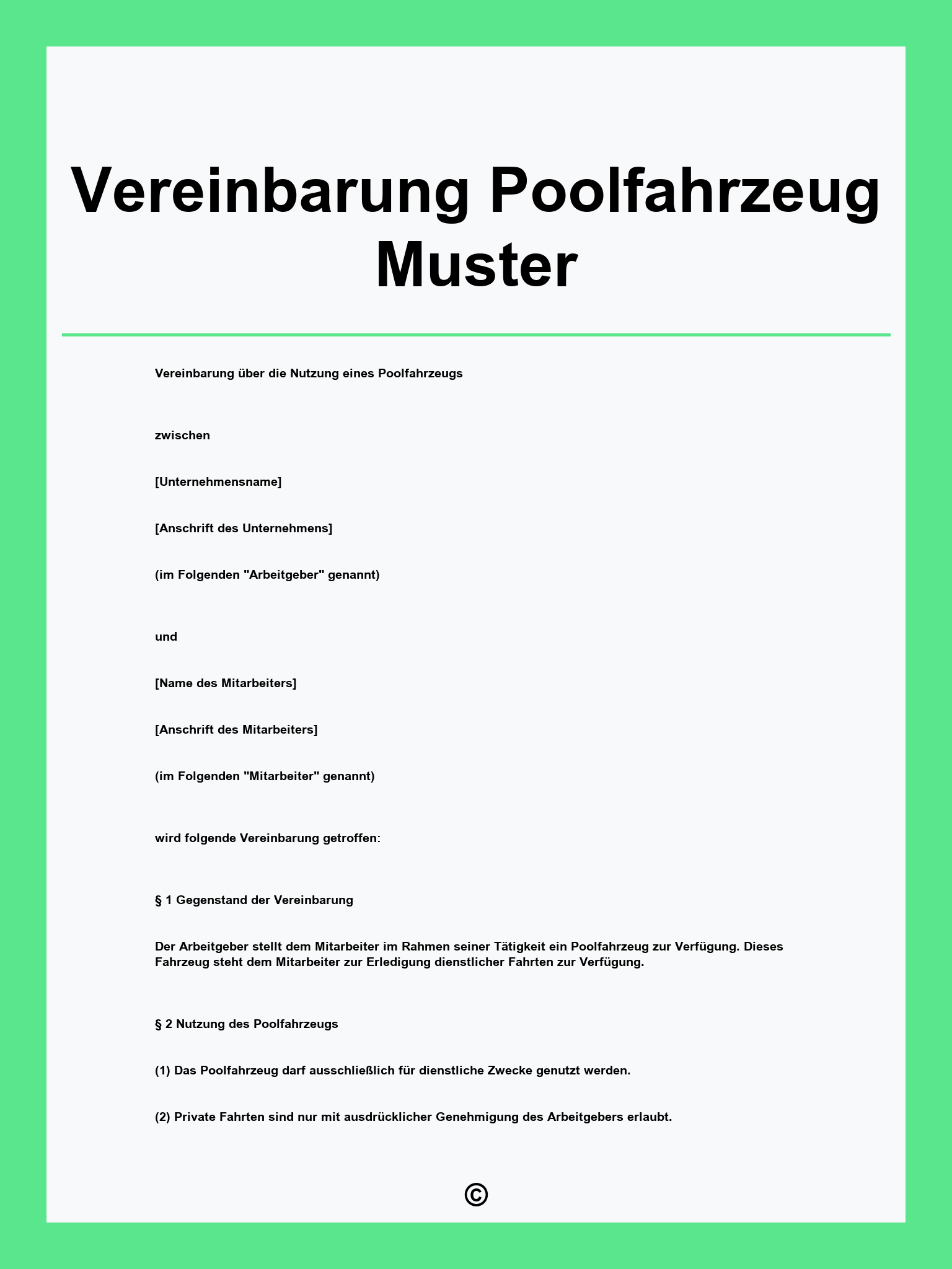 Vereinbarung Poolfahrzeug Muster